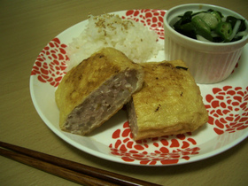 もやし豆腐ハンバーグのお揚げ詰め焼き