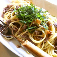 牛コマと大葉の梅肉和風パスタ