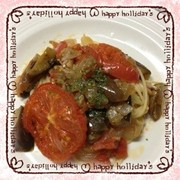 ナスとトマトのパスタの写真