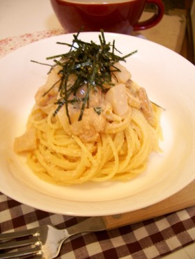主人作☆ホタテも一緒にたらこスパゲティー