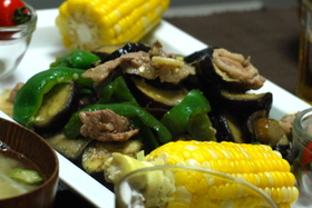 ピーマンと茄子と豚肉の味噌炒め