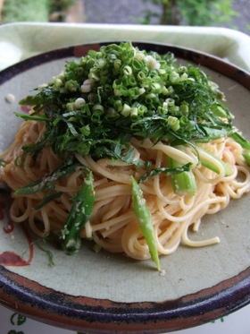 アスパラ入り、明太子スパゲティー♫