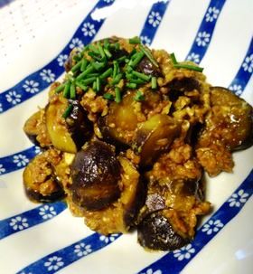 ◈ナスとひき肉のカレ-卵とじ炒め◈