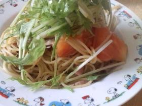 水菜とトマトのあっさりパスタ