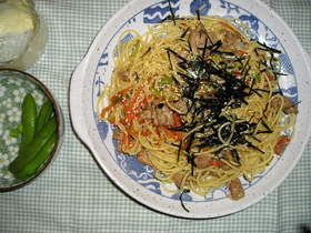 豚肉（大葉にんにく醤油）と人参のパスタ