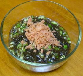焼さけあらほぐしを乗せたもずくの酢の物