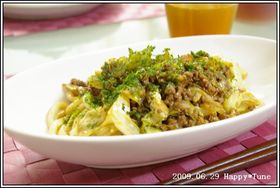 大葉にんにく醤油でひき肉入り焼きうどん★