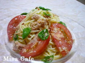 トマトとバジルとツナの冷製パスタ