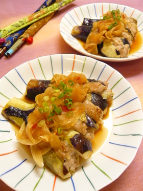 なすの挽き肉挟み焼き♪紹興酒蒸し