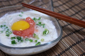 しらたきでそうめん風♪タラコのっけ豆乳麺