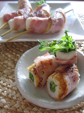 ちくわと豆苗のベーコン巻き焼き