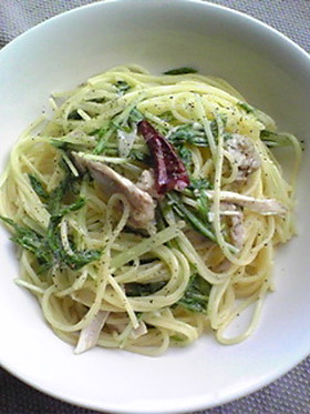 水菜と蒸し鶏のコク旨◎パスタ