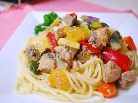 色々野菜と秋鮭のあっさりパスタ