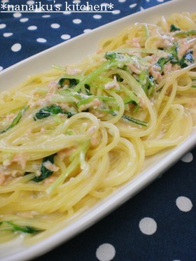 鮭と水菜のクリームパスタ