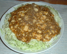 麻婆豆腐 on キャベツ