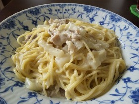白菜と豚肉のクリーム風パスタ～牛乳で